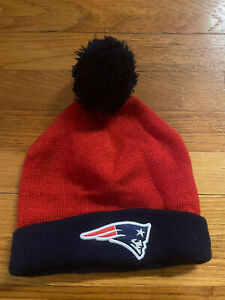 New England Patriots Reebok Vtg Beanie Pom Winter Hat Mens Red Blue Vtg OSFM
