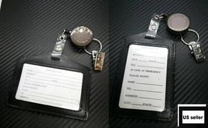 ID Passport Card Holder Name Tag Retractable Badge Black Leather Clip Work New - Picture 1 of 8