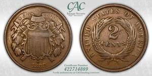 1868 Two Cent Piece CACG F-15 CAC - Picture 1 of 3