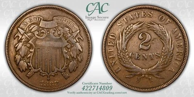1868 Two Cent Piece CACG F-15 CAC - Image 1 of 3