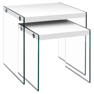 Nesting Table Side End Accent Bedroom Tempered Glass Glossy White - Image 1 of 4