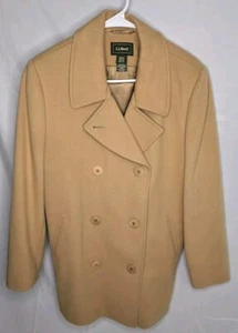 L. L. Bean Damen hellbraun beige zweireihiger Erbsenmantel reguläre Größe 12 Wolle Kaschmir - Bild 1 von 8