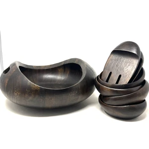 Nambe Pebble 7Pc Salad Set Serving Bowl Individual Bowls and Salad Tossers Wood - Picture 1 of 14