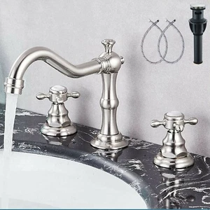 Brushed Nickel Bathroom Faucet 8" Widespread 3 Hole Mixer Tap with Pop-up Drain - Picture 1 of 10
