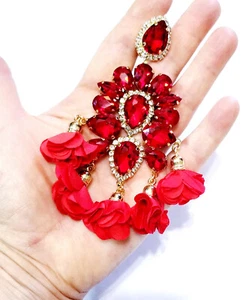 CLIP ON Earrings Rhinestone Crystal Oversized Red Rose Drop Chandelier 4.8 in - Picture 1 of 12