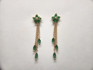 Beautiful 10kt Yellow Gold Round & Marquise Shape Emerald Dangle Earrings - Picture 1 of 6
