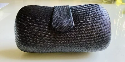Black Woven Straw Hard Shell Clutch Bag Snap Fasten Mimu Hand Made VGC - image 1 of 4
