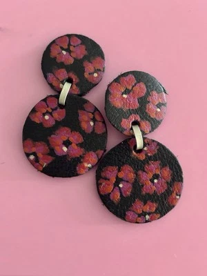 Anthropologie Earrings Leather Circle Painted Flower Floral Stud Artsy Boho Red - Image 1 of 3