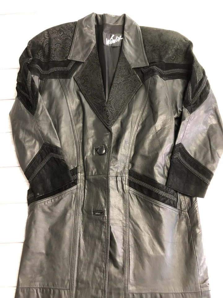 Vintage Winlit Leather Coat Womens Medium Black Paisley Embossed Suede Long 90s - Image 1 of 4