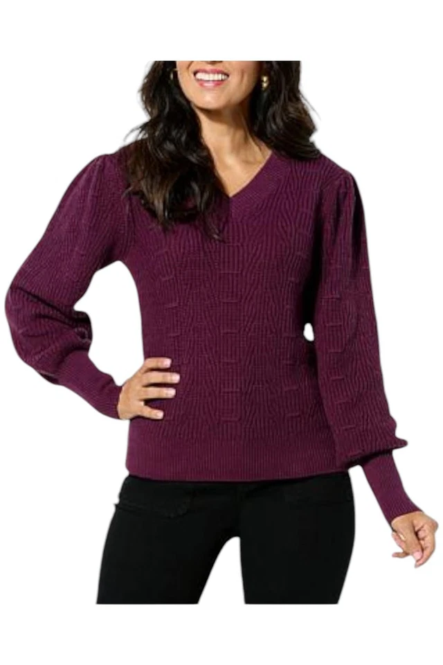 Suéter para mujer Jaclyn Smith Pointelle cuello en V Puff Slv potente púrpura Foto 1 de 1