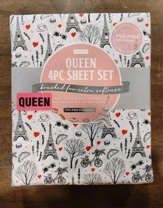 Envogue Paris Frankreich 4-teiliges QUEEN Lakenset - schwarz & weiß mit roten Herzen Druck - Bild 1 von 5