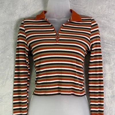 Vintage y2k 90s Striped Baby Crop Top sz M Brown Orange Long Sleeve grunge indie - Image 1 of 4