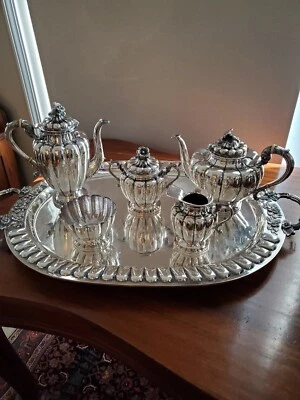 Juego de té y bandeja de 5 piezas de ley Sanborns of Mexico con par de candelabros de 3 brazos Foto 1 de 2