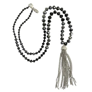 Ann Taylor Statement Necklace Rhinestone Tassel Pendant Black Faceted Glass Bead - Picture 1 of 10