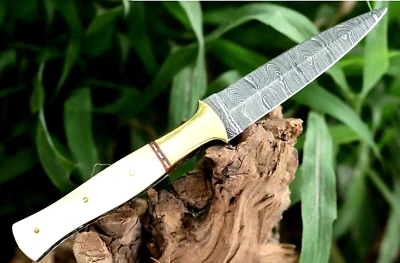 Cuchillo para botas de caza forjado a mano hoja de acero Damasco con funda de cuero EDC 864 Foto 1 de 4