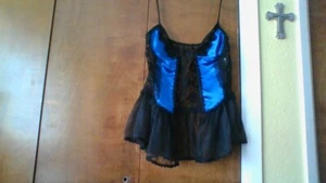 Vtg Pretty Royal Blue & Black Lace/Mesh Front Lace Up Corset Size Large Good con - Picture 1 of 19