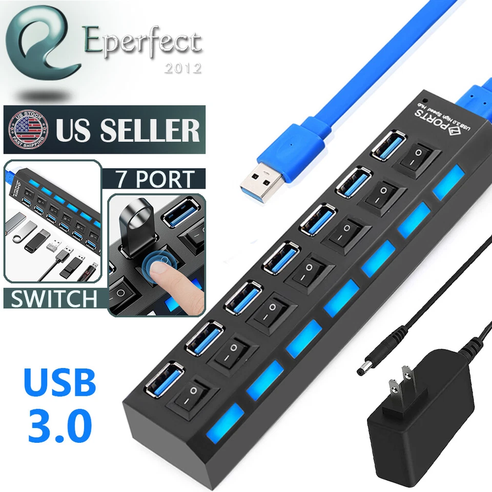 USB 3.0 Hub 7 Port On/Off Switch High Speed Splitter AC Adapter Cable PC Laptop - Image 1 of 4
