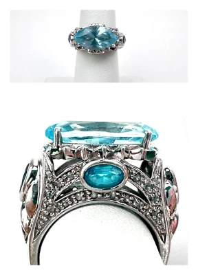 925 Sterling Silver Blue Topaz Large Cocktail Ring Size 6 Statement - Image 1 of 4