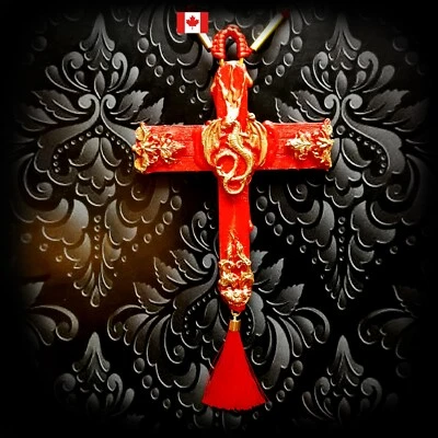 Cruz Crucifijo Madera Bruja Colgante Talismán Oculto Dragón Rojo Rojo Rojo Pagano Gótico Foto 1 de 4