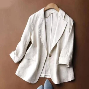 Women Cotton Linen Suit Blazer 3/4 Sleeve Lapel One Button Thin Coat Slim Casual - Picture 1 of 15