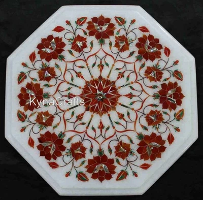 Carnelian Inlay Table Top Indian Marble Coffee Table Handcrafted Patio Table - Image 1 of 4