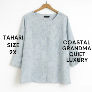 Tahari Linen Shell Button Down Top 2X Coastal Grandma Quiet Luxury Blue White - Picture 1 of 9