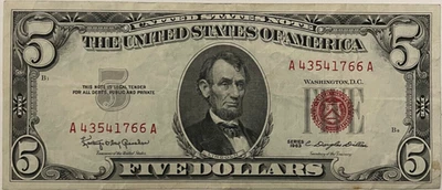 "US $5 Bill" 1963 'United States' Note Red Seal - Circulated 😃 💥 - Image 1 of 2
