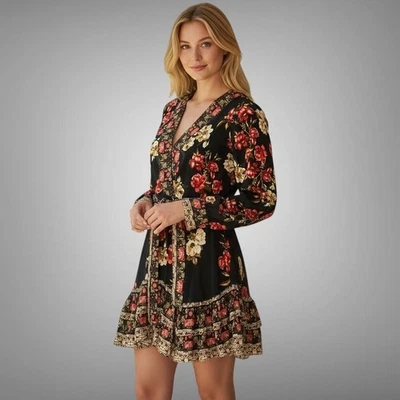 Venus Womens Dress 14 Black Floral Faux Wrap Boho Chic Country Western Cowgirl - Image 1 of 4