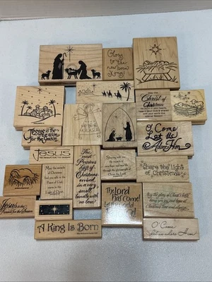 Christmas Religious Rubber Stamp Set 23 pc Lot Wood Wooden Greetings #WS9 - Image 1 of 4