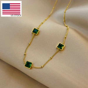 Woman 18K Gold Plated Stainless Steel Simulated Green CZ Chain Necklace 17.7'' - Picture 1 of 4