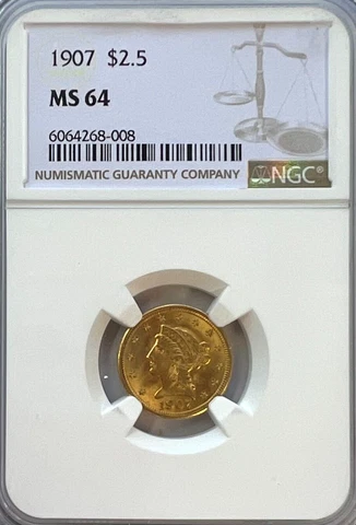 1907 $2.5 Liberty Gold Coin MS64, NGC.! Cover