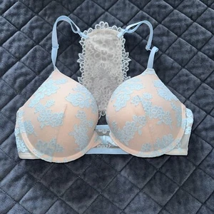 Victoria Secret PINK 32D Bra front closure Padded Push Up Underwired Floral lace - Picture 1 of 24