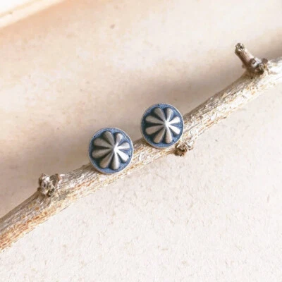 Oxidized 925 Sterling Silver Tiny Concho Small Stud Earrings Southwestern Unique - Image 1 of 4