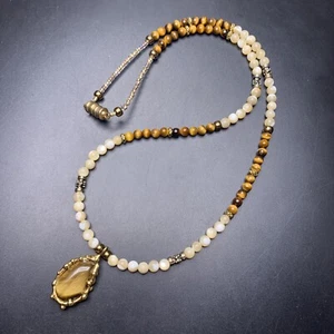 Tigers Eye Mother of Pearl Pendant Necklace Beaded Gemstone MOP Shell Gold Tone - Picture 1 of 9