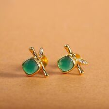 Real S925 Sterling Silver Stud Women Lucky Green Chalcedony Bamboo Earrings