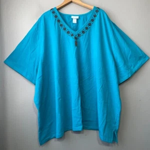 Liz & Me Womens Plus Size 5X Turquoise Embellished Brown Beaded Tee Top - Picture 1 of 13