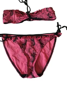 Debenhams UK 10 Pink Mix Padded Frilled Pineapple Bandeau Halterneck Bikini Set - Imagen 1 de 3