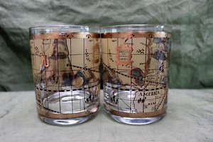 Vintage Cera MAPS 4" Double Old Fashioned Glasses 2 Tumblers Brown Map MINTY - Picture 1 of 6
