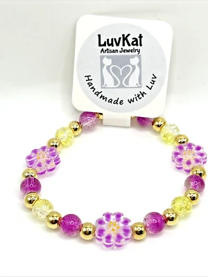 7.5" Fuchsia & Yellow Lampwork Glass DAISY Flowers Beaded Stretch Bracelet - Image 1 of 4