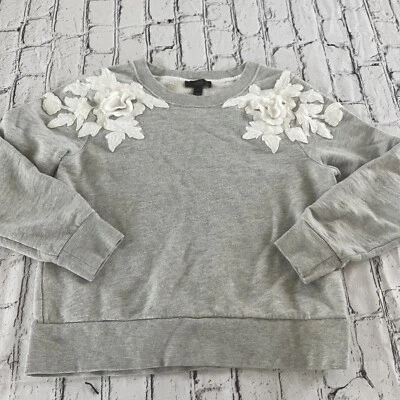 J. Suéter Crew con apliques florales gris blanco pequeño algodón Foto 1 de 4