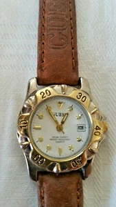GUESS 1996 1000M WATER RESISTANT DATE LEATHER BAND QUARTZ WATCH WORKS VINTAGE - Picture 1 of 6