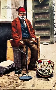 Cesta de vendedor de peces Nápoles Italia con escala postal antigua c1910 - Imagen 1 de 6