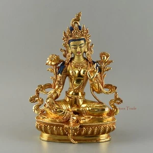 Gold detaillierte handgeschnitzte grüne Tara Drolma Kupferstatue aus Patan, Nepal - Bild 1 von 4