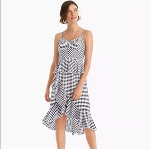 J. Crew Ruffle Spaghetti Strap Navy Gingham 100% Silk Dress Size 2 - Picture 1 of 7