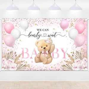 Pink Bear Baby Shower Backdrop 6x4ft We Can Bearly Wait Baby Shower Backdrop ... - Picture 1 of 7