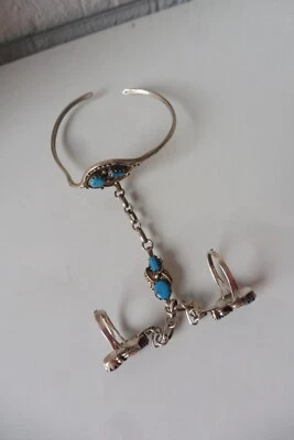 schöner ,alter Armreif mit 2 Ringen , 925 Silber mit Türkisen - Bild 1 von 4