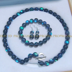 6-12mm Gray Gleamy Rainbow Moonstone Round Beads Necklace Bracelet Earrings Set - Picture 1 of 16