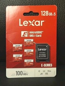 5pk Lexar E-Series 128GB Micro SDXC UHS-I Card With SD Adapter Up To 100MB/s NEW - Picture 1 of 4