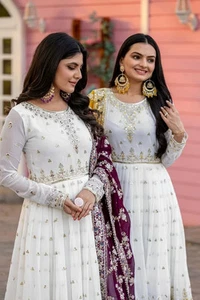 Stunning Party Wear Faux Georgette White Gown Set with Dupatta & Bottom - Picture 1 of 11