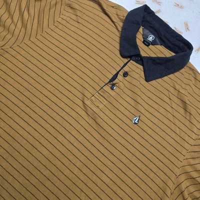 Volcom Mens XL Striped Polo Shirt Short Sleeve Olive Green Black Casual - Image 1 of 4